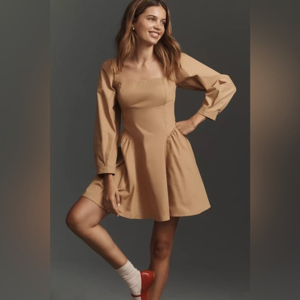 NWT By Anthropologie Long-Sleeve Square-Neck Poplin Mini Dress in Tan. Size XL